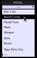 Mixer, Controller & Footswitch Options Click on the Model menu. Here you ll see each of the Amp & FX Models that are loaded within your current Tone. We ll select the Boost Comp Model for our example.