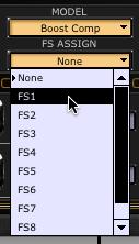 Here you can select the FBV footswitch to which you want to assign the Model. Choose from among FS1 - FS8, Toe Switch, or None.
