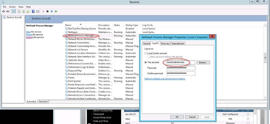 2. On NetVault server, launch Windows Services console, set the logon information for NetVault