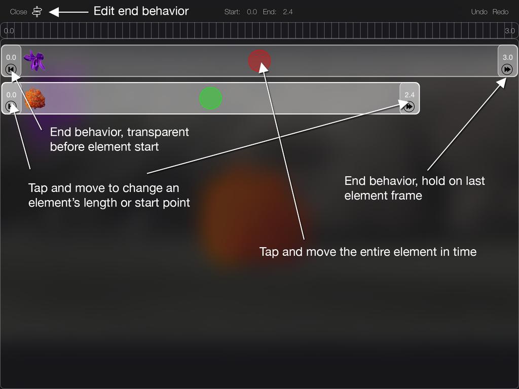 When expanded, the editor displays all animated channels for the selected element. The add, move, delete and end behavior buttons enable the same editing functions as the full keyframe editor.