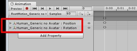 Root Motion (No avatar or Root Node not specified) When you create Animation Curve in Root, 'Generate Root Motion Curves' button is