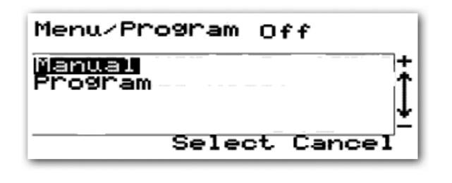 This will then allow you to access the Manual/Program menu screen: use the PLUS and MINUS keys to select your option and