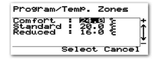 TEMPERATURE ZONES: The ERT50T Triac has three pre-programmed temperature zone settings the default settings of Heating Mode for each zone are: Temperature Zone Setting Standard 20.0 C Comfort 24.