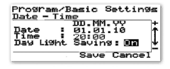 The time is set in the same way as the date use the PLUS or MINUS keys to change the setting, and save by pressing SELECT.