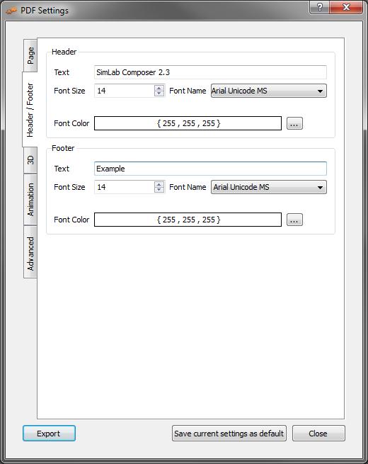 footer for the created 3D PDF file. In the image bellow a header was added to the generated file.