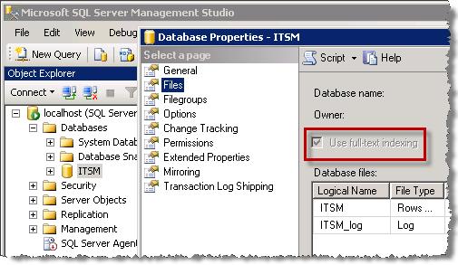 a. In the Database Properties dialog box, open the Files page. By default, the Use full-text indexing box is checked.