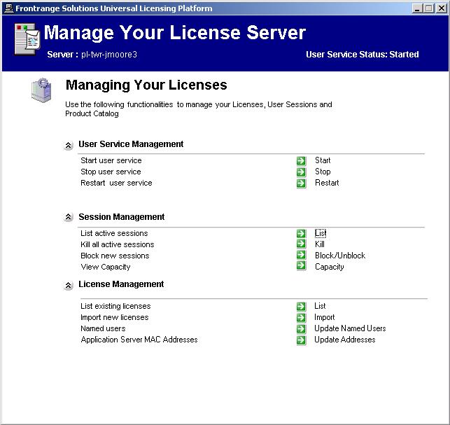 Figure 9 -- FrontRange Solutions License Server Application 4 In the License Management section, click Import. The system displays the Imported License list page.