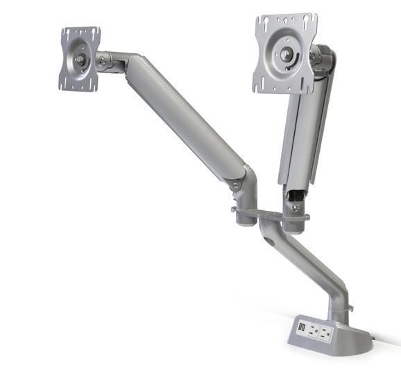 of 22" extension from the rear edge of the desk to the VESA Plate for optimal focal depth adjustment Arms fold back to a minimum dimension of 5 1/2" to provide maximum work surface utilization on