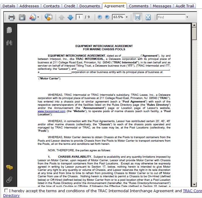 Figure 16A Agreement details After you have read and agreed to the terms and conditions of the interchange agreement and also have uploaded the necessary documents, the Received indicator is changed