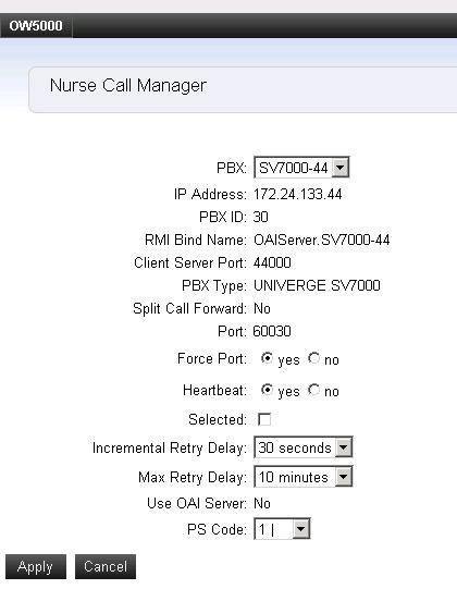 3-2 Configuring the Nurse Call Integration Service Figure 3-1 PBX Settings dialog box Step 2 Step 3 From the PBX Settings dialog box, select the PBX you want to modify from the PBX drop-down menu.