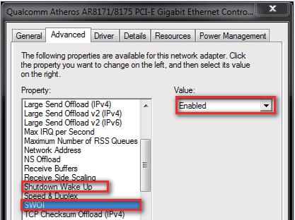 Make sure that the "Shutdown Wake Up" and " SWOI" are enabled in Device Manager > Network Adapters > Qualcomm Atheros AR8171/8175 PCI-E Gigabit Ethernet