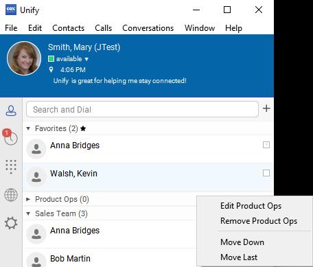 Contacts To edit or remove a group, right-click the group name in the Contacts list.
