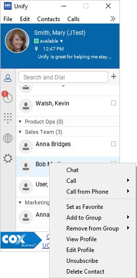 Communication Windows Right-click a name in the Contacts list or search results, and click Chat from the submenu. Figure 53.