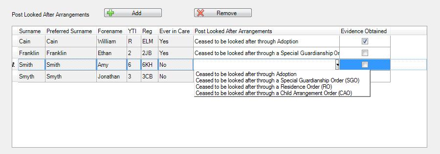 Highlight the pupils who you want to record as having PLAA then click the Add button to move the selected pupils automatically to the Post Looked After Arrangements list.