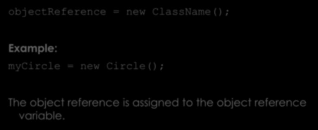 Creating Objects objectreference = new ClassName(); Example: mycircle = new