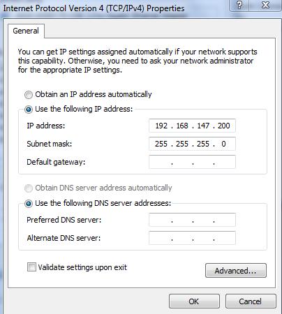 8. Select the bubble Use the following IP address. Next, you will type in the IP address for the Ethernet adapter. Type 192.168.147.200 into the window and 255.