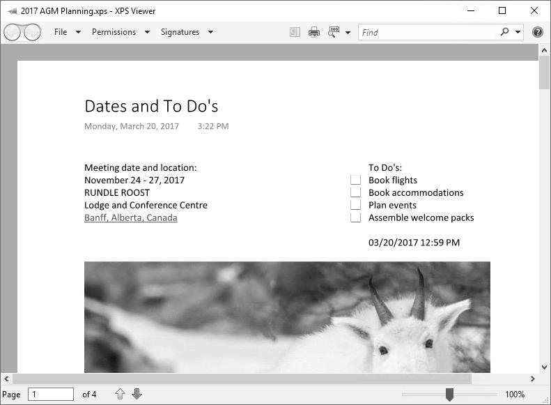 16 Getting Started with OneNote 2016 CHAPTER 1 c. Double-click the 2017 AGM Planning XPS document from the list.