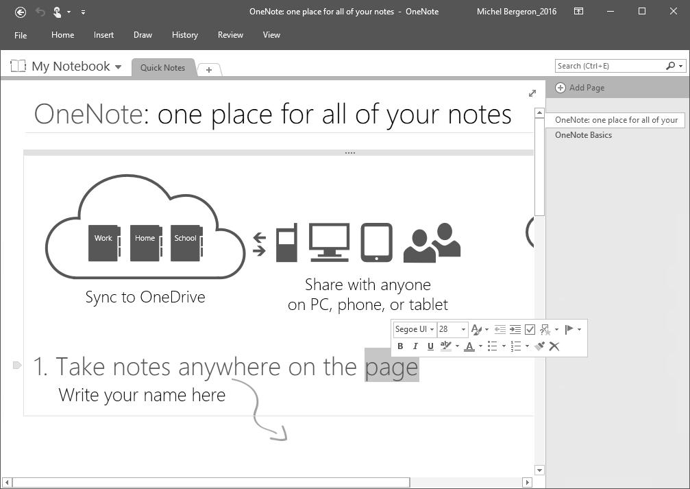 File tab Clicking the tab opens the Backstage view where you can create, save, send, share, open, and print notebooks.