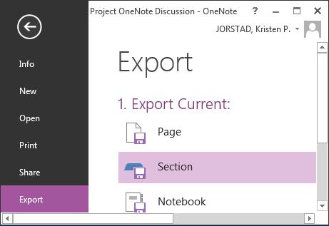 Checking if your Notebook is Saved (Synced): 1. Click the File tab and choose Info. 2. Select View Sync Status. Exporting a Notebook to Another Format: 1. Click the File tab and choose Export. 2. Select Page, Section or Notebook.