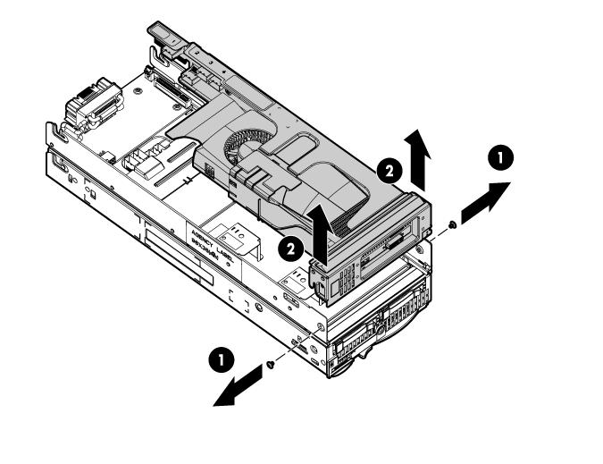 5. Carefully pull up on the front and right sides of the PCIe card cage to disengage it from the anchoring pins on the expansion blade enclosure, and then lift the PCIe card cage out of the expansion