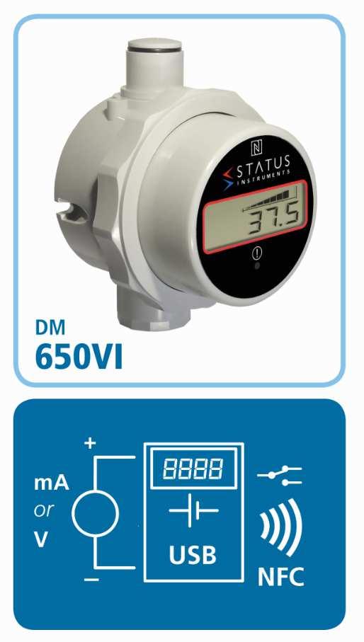 ±50 V / ±50 ma INPUT (loop impedance < 30 R) ALARM RELAY / USER SET DISPLAY MESSAGING USB AND NFC INTERFACE BATTERY POWERED 5000 POINT DATA LOGGER INTRODUCTION The DM650VI is a battery powered