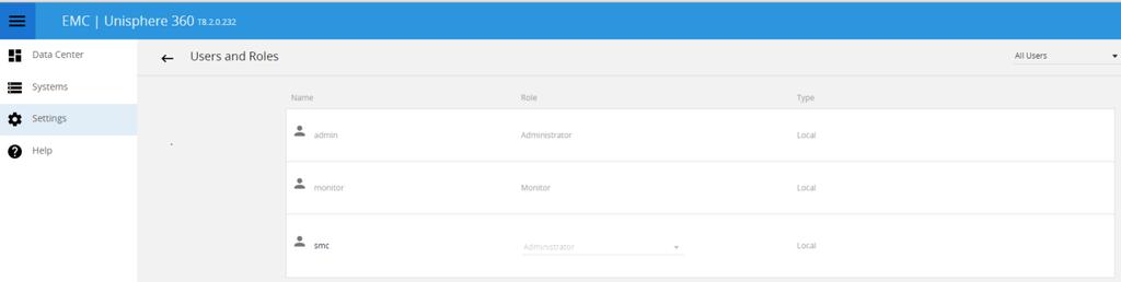 Users and Roles Lists all users and their assigned roles. There are two user roles, Administrator and Monitor.