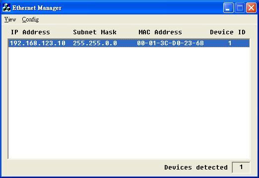 When you activate the tool, it will detect the existence of the installed converters and depict the converters status such as IP address, Subnet Mask, MAC Address, and Device ID (see Figure 4.1).