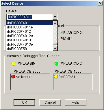 Figure 5: Selection of the device 3. In the project window remove the default linker script (p30f4011.