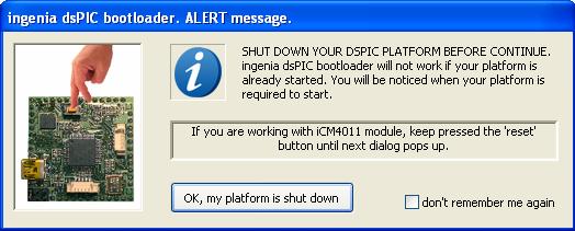 Once you have configured the communications port, a message pops up alerting you to shut down your hardware platform (i.e. icm4011) before start detection process (Figure 8).