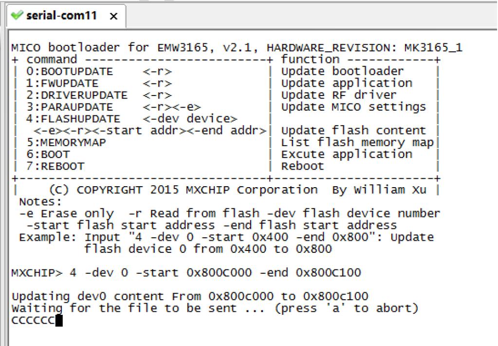 Type 4 dev 0 -e start 0x0000100 end 0x0001000 and click enter. 4.5.3 Update flash memory 2.