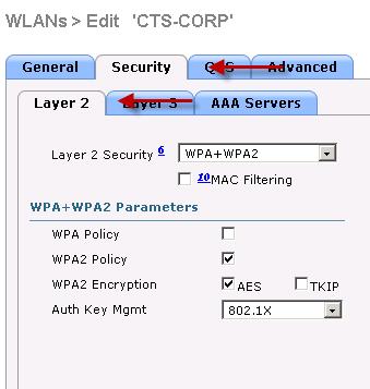 Figure 15 Layer 2 Security Settings for the 802.1X WLAN Set the values listed for the Security AAA servers tab (Figure 16).