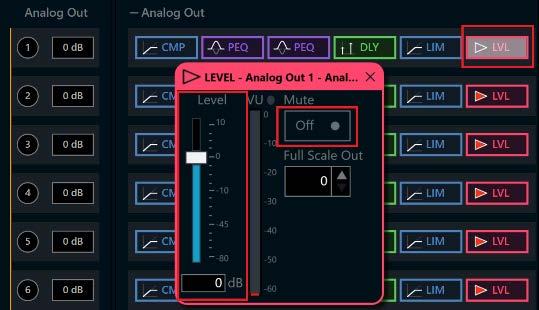 Under Analog Out 1, double click LVL. In the new window set the following: a. Move the Level slider to 0 db. b. Click Mute to Off.