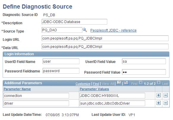 Chapter 9 Establishing and Maintaining Diagnostics Diagnostic source definition example for DAO-based data source See Also PeopleSoft EnterpriseOne 8.