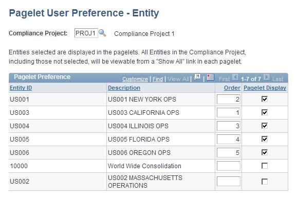 Chapter 3 Establishing Preferences Pagelet User Preference - Entity page Compliance Project Entity ID and Description Order Pagelet Display Select the compliance project for which to view entities.