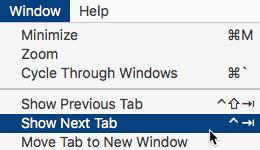 Show Previous Tab (Keyboard: Control + Shift + Tab), and Window > Show Next Tab (Keyboard: