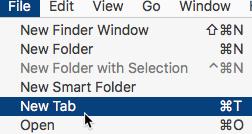 New Finder Tab. Create new Finder tabs on the fly by using the Finder s File menu (File > New Tab) or the keyboard shortcut, Command + T.