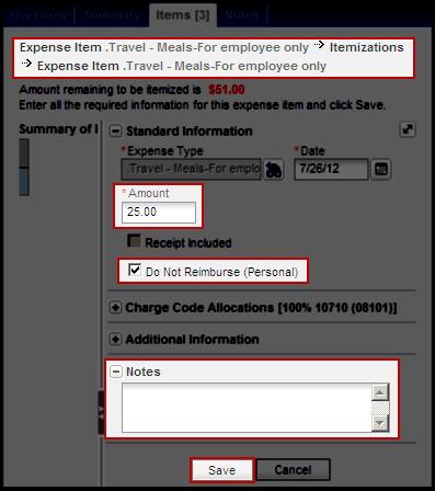 3. On the Expense Item page, enter an Amount for this itemization. (Figure 3.2) 4. Click the Do Not Reimburse (Personal) box. (Figure 3.2) Figure 3.
