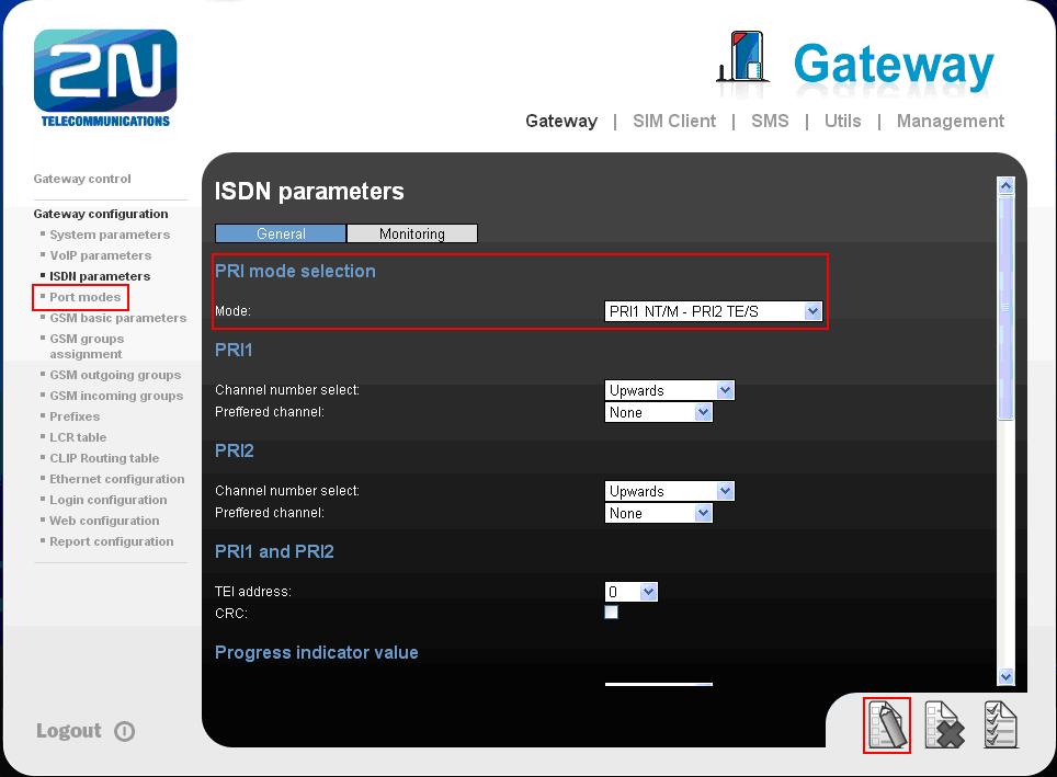 When the ISDN parameters page opens, go to PRI mode selection and select PRI1 NT/M- PRI2 TE/S from the Mode dropdown box.