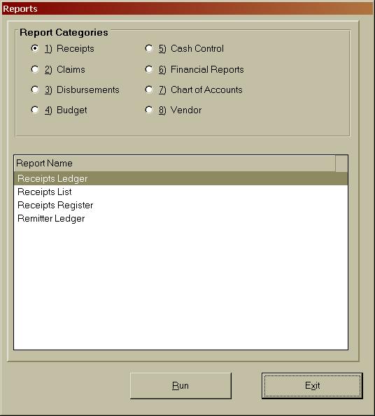 CTAS User Manual 2-17 Receipts: Printing Reports There are four reports that you can create and print from the Receipts section: the Receipts Ledger, the Receipts Register, the Receipts List, and the