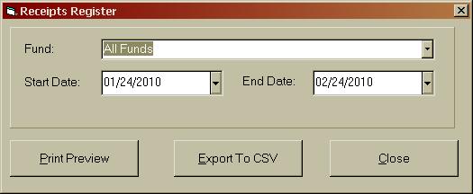 CTAS User Manual 2-24 Receipts: Printing a Receipts Register A Receipts Register is a chronological record of cash received.