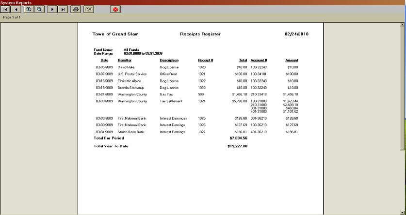 A Reports screen will appear, listing the four reports. Highlight Receipts Register and click the Run button, as shown on page 2-17.