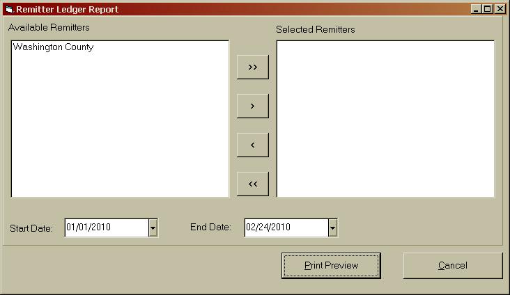 CTAS User Manual 2-27 Receipts: Printing Remitter Ledger A Remitter Ledger is designed to provide information on the amount of revenues received from remitters.