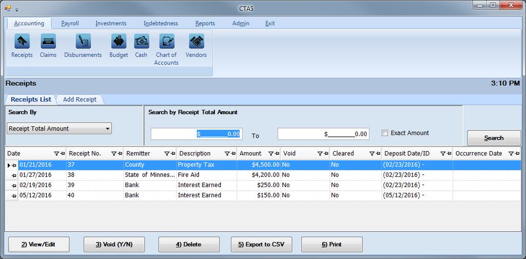 CTAS User Manual 2-26 Receipts: Using the Search Feature (continued) The last option is to search by Receipt Total Amount.
