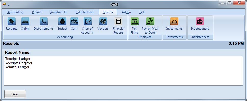 CTAS User Manual 2-27 Receipts: Printing Reports There are three reports that you can create and print for the Receipts section: the Receipts Ledger, the Receipts Register, and the Remitter Ledger.