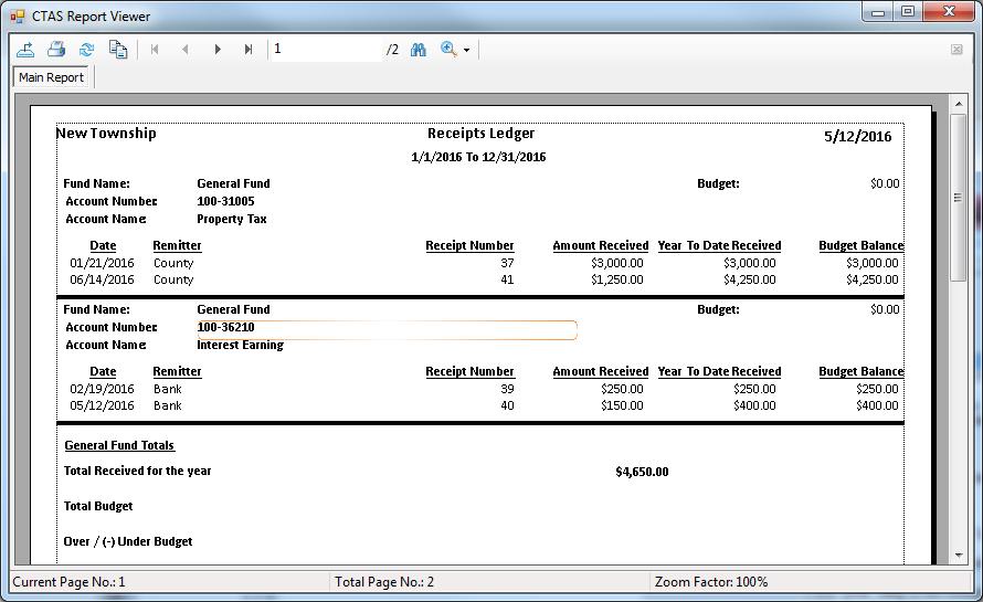 CTAS User Manual 2-29 Receipts: Printing Reports (continued) Printing a Receipts Ledger (continued) After reviewing the preview, click on