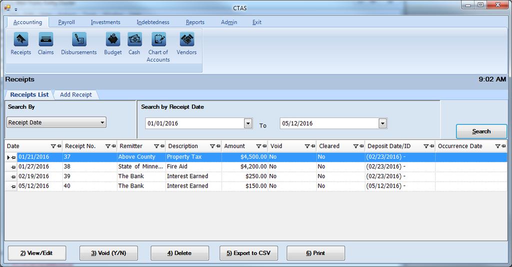 CTAS User Manual 2-2 Receipts: Entering a Receipt From the receipts screen you can Add, View/Edit, Void, or Delete receipts.