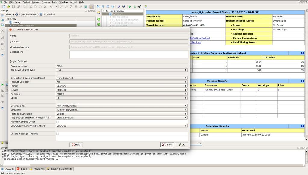 Figure 3: Xilinx ISE window project creation. Define the device you want to use.