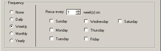 Weekly: Specify the frequency of weeks in your calendar, and select which days of the week will be included in a query report.