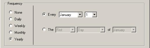 Yearly: The yearly frequency offers options similar to those of the monthly. A calendar might include March 3 rd of every year, or the first weekend day in January of every year.