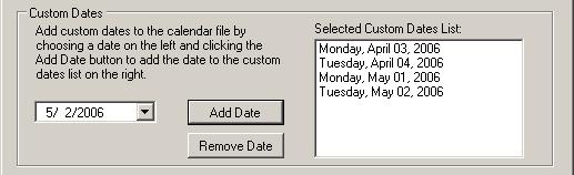 Use the popup calendar control to find and select a date, and then click the Add Date button to add it to the list on the right. To remove a date from the list, click the Remove Date button.